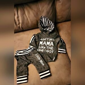 0-3 little boy 2 pc. Outfit with hood and sweats both have saying